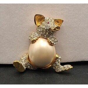 Kenneth Jay Lane Pig Pin With Faux Pearl Belly & Pave Rhinestones